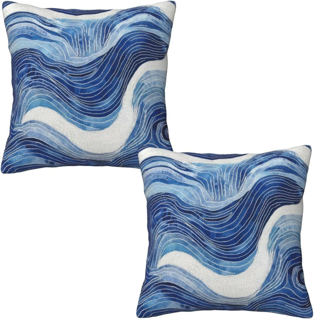 Dark Blue Navy and White Waved Pillow Covers 18x18 Inch Decorative Modern Abstract Light Blue White Pillowcases Set of 2 Farmhouse Cushion Covers for Couch Bed Sofa Farmhouse Decor