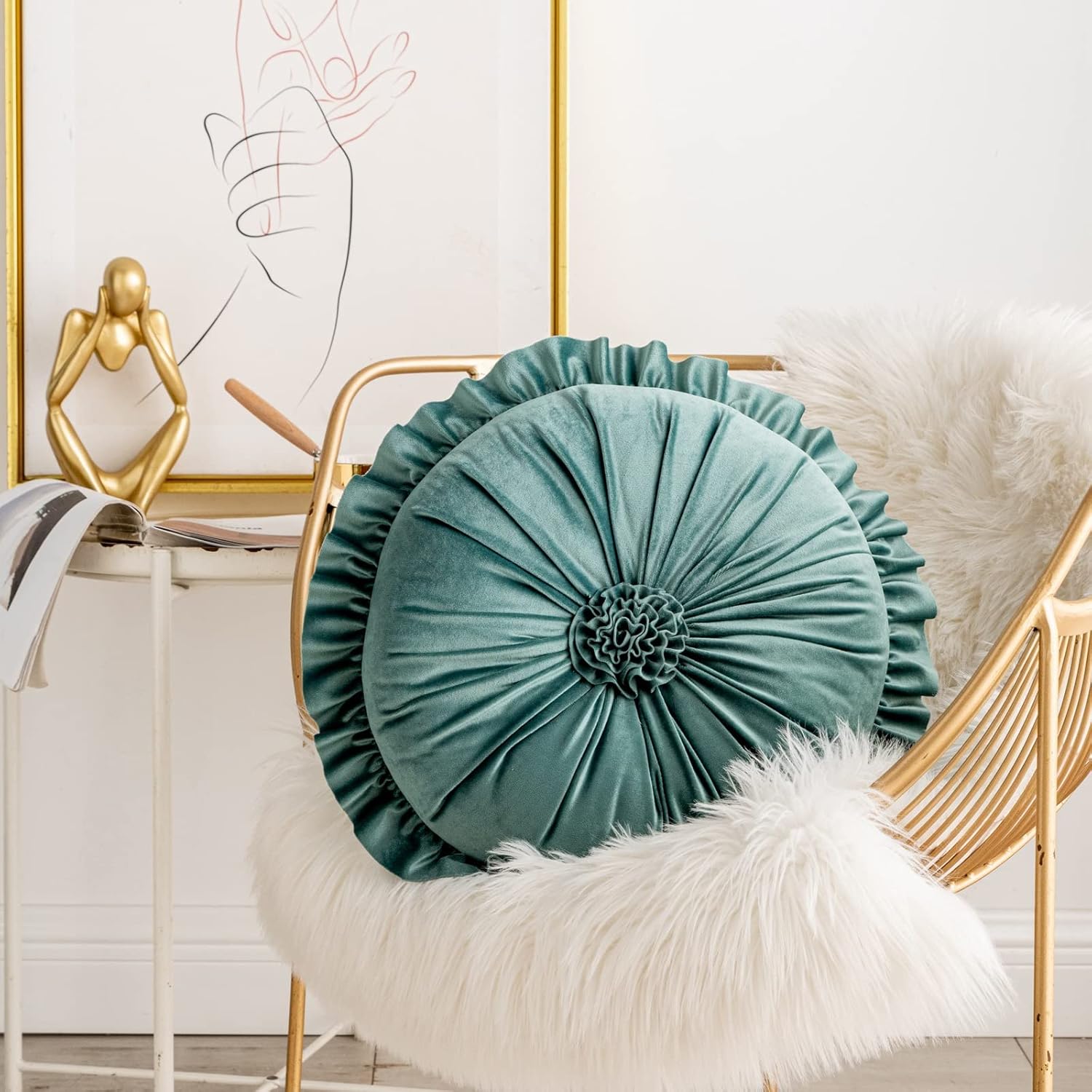 S SSOY Velvet Round Pillow - Ruffle Home Decoration Cushion for Sofa, Chair, Bed, Window, Floor, 13.7in