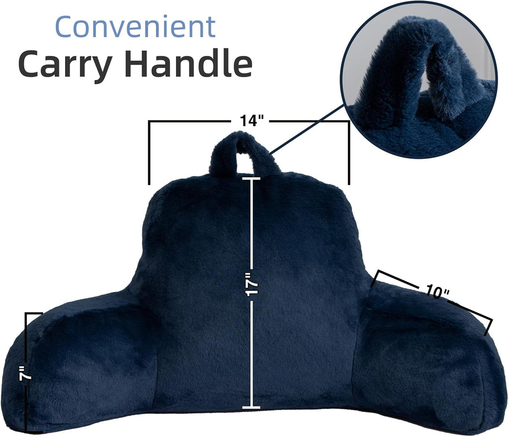 A Nice Night Faux Fur Reading Pillow Bed Wedge Large Adult Children Backrest with Arms Back Support for Sitting Up in Bed/Couch for Bedrest,Navy
