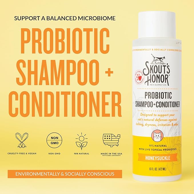 Skout's Honor Probiotic Cat Shampoo & Conditioner with Avocado Oil & Omega-3s, 97% Natural, Paraben & Sulfate-Free, Cruelty-Free, 16oz, Honeysuckle, 2-Pack