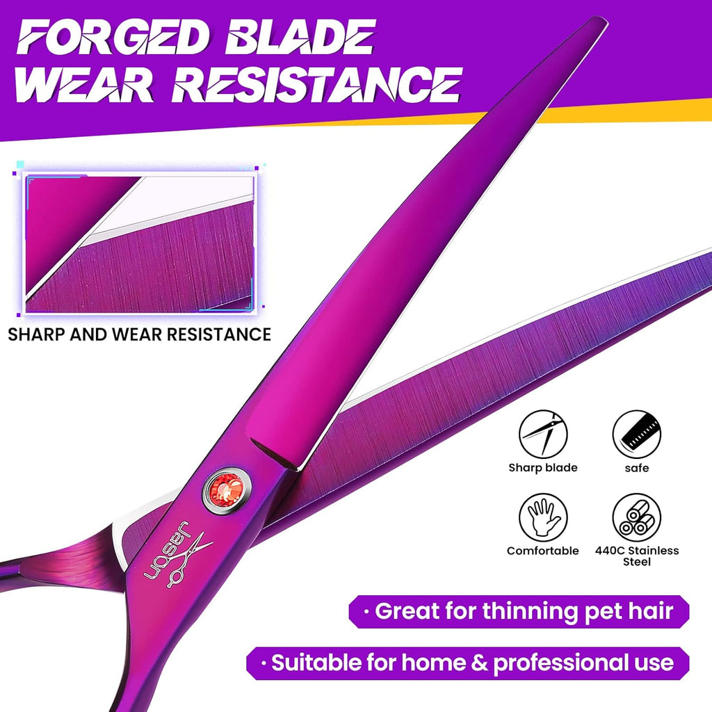 JASON 7.5" Dog Grooming Scissor - Professional Down-curved Shear with Ergonomic Handle Japanese Stainless Steel Trimming Scissor for Dogs, Cats and Other Pets, Sharp (Curved, Purple)