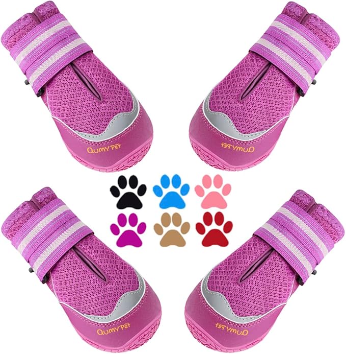 QUMY 4PCS Dog Boots for Large Dogs, Medium Dog Shoes & Paw Protectors for Hot Pavement, Summer Heat Protection, Mesh Breathable Nonslip Dog Booties for Hardfloors, Walking Running Hiking Purple Size 4