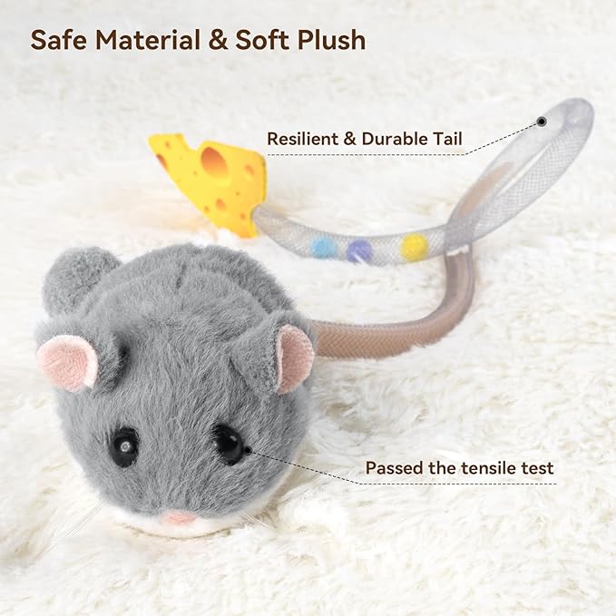 Migipaws Interactive MigiMouse Cat Toy 360° Rolling & Spin with Wiggling Tail for Indoor Cats Smart Motion Sensor, Realistic Squeak, Rechargeable Plush Kitten Toy(Grey)