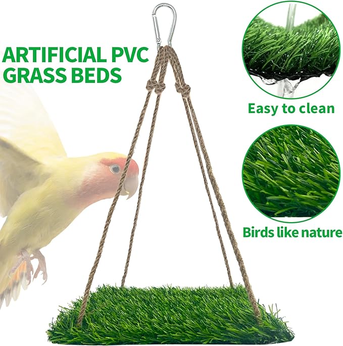 FlidRunest Large Bird Swing Toy, Bird Grass Mat Hammock Swing with Hooks, Parrot Climbing Foraging Toy for Cockatoo,Parakeets,Budgie,Sun Conure, Small to Medium 15.7x7.8 Inches