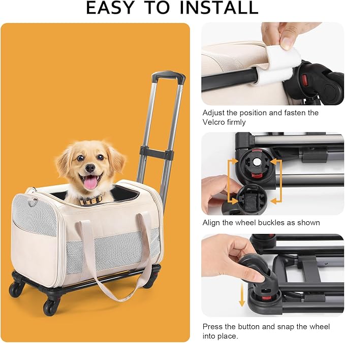 Airline Approved Pet Carrier with Wheels, Rolling Soft Sided Dog Cat Travel Bag, Premium Fashion Leather Small Pet Carrier Purse for Puppies and Cats White
