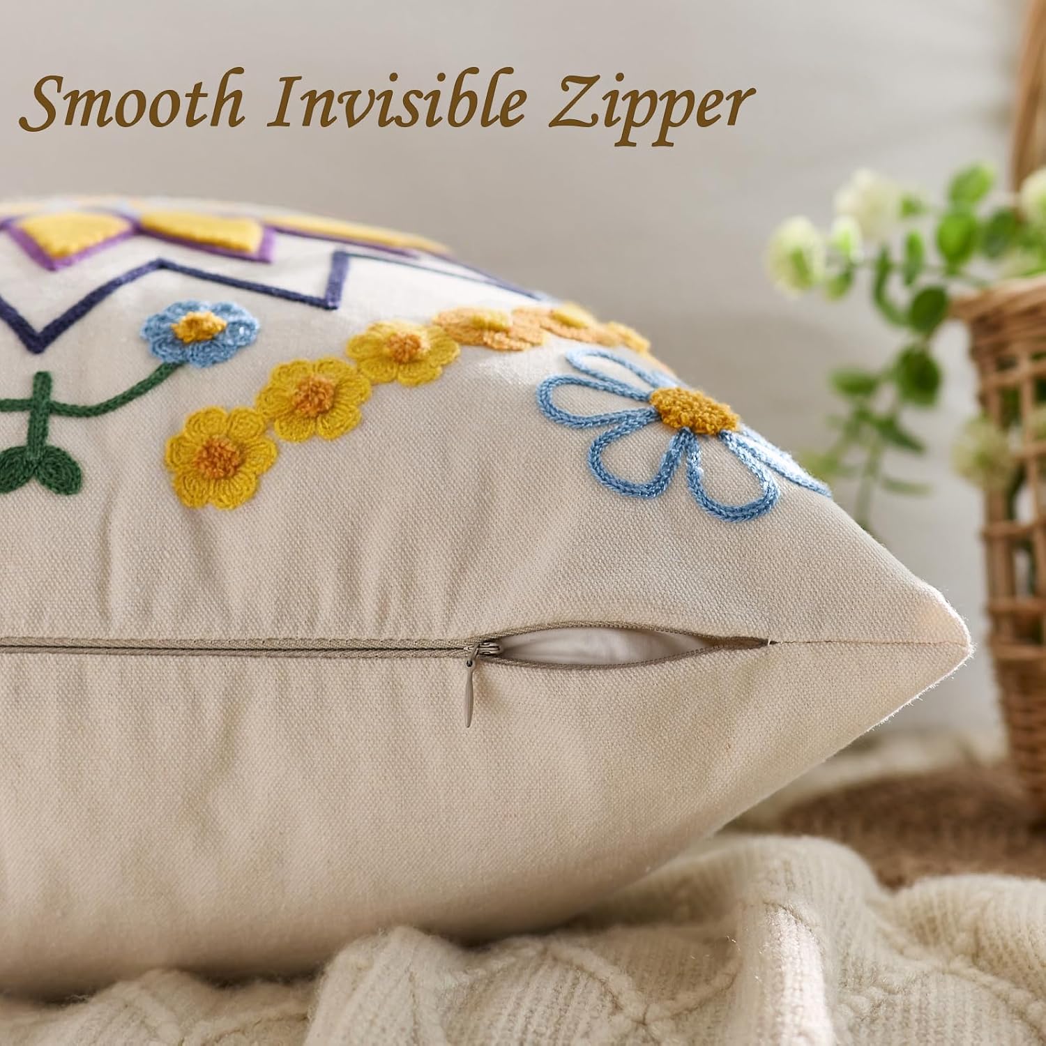 Embroidered Throw Pillow Cover 20x20 Classic Boho Floral Pattern Pillows Cover Outdoor Decorative Pillowcase,Durable Cozy Textured Cushion Case for Sofa Couch Bed Living Room,Yellow
