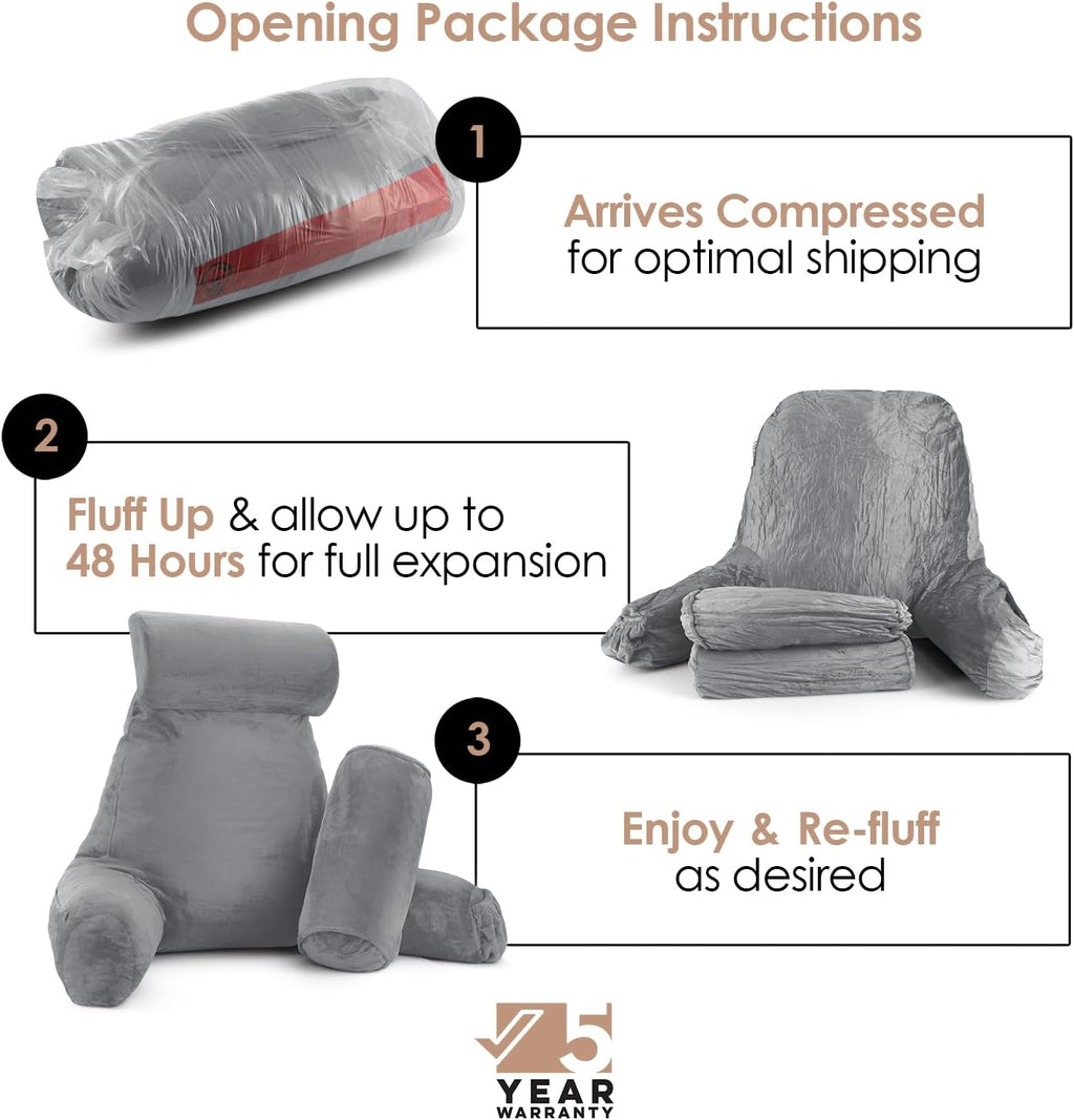 Nestl Reading Pillow with Shredded Memory Foam Includes 2 Neck and Lumber Support Pillows, Designed for Sitting Up in Bed and Couch, Back and Arms Adjustable Support for Adult & Teens, Grey