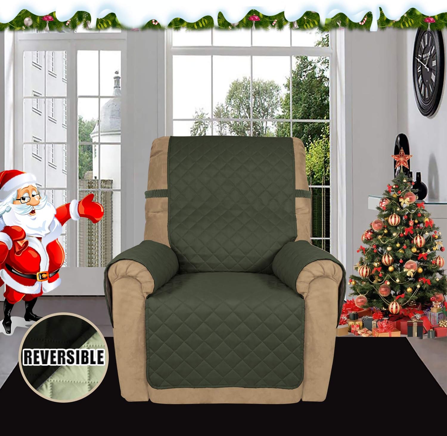 Easy-Going Recliner Sofa Slipcover Reversible Sofa Cover Water Resistant Couch Cover Furniture Protector with Elastic Straps for Pets Kids Children Dog Cat (Recliner, Army Green/Beige)