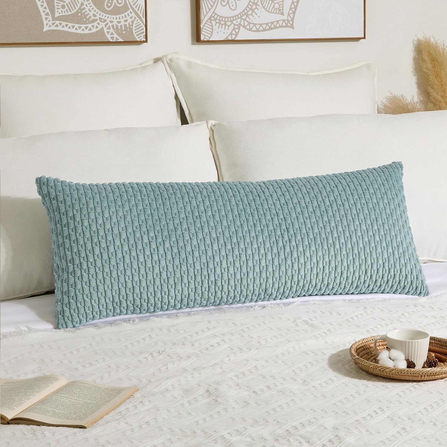 Kevin Textile 20x54 Inch Long Body Lumbar 1 Pack Boho Decorative Throw Pillow Cover Soft Striped Corduroy Rectangle Cushion Case Farmhouse Accent for Living Room Couch Sofa Bed, Dusty Green