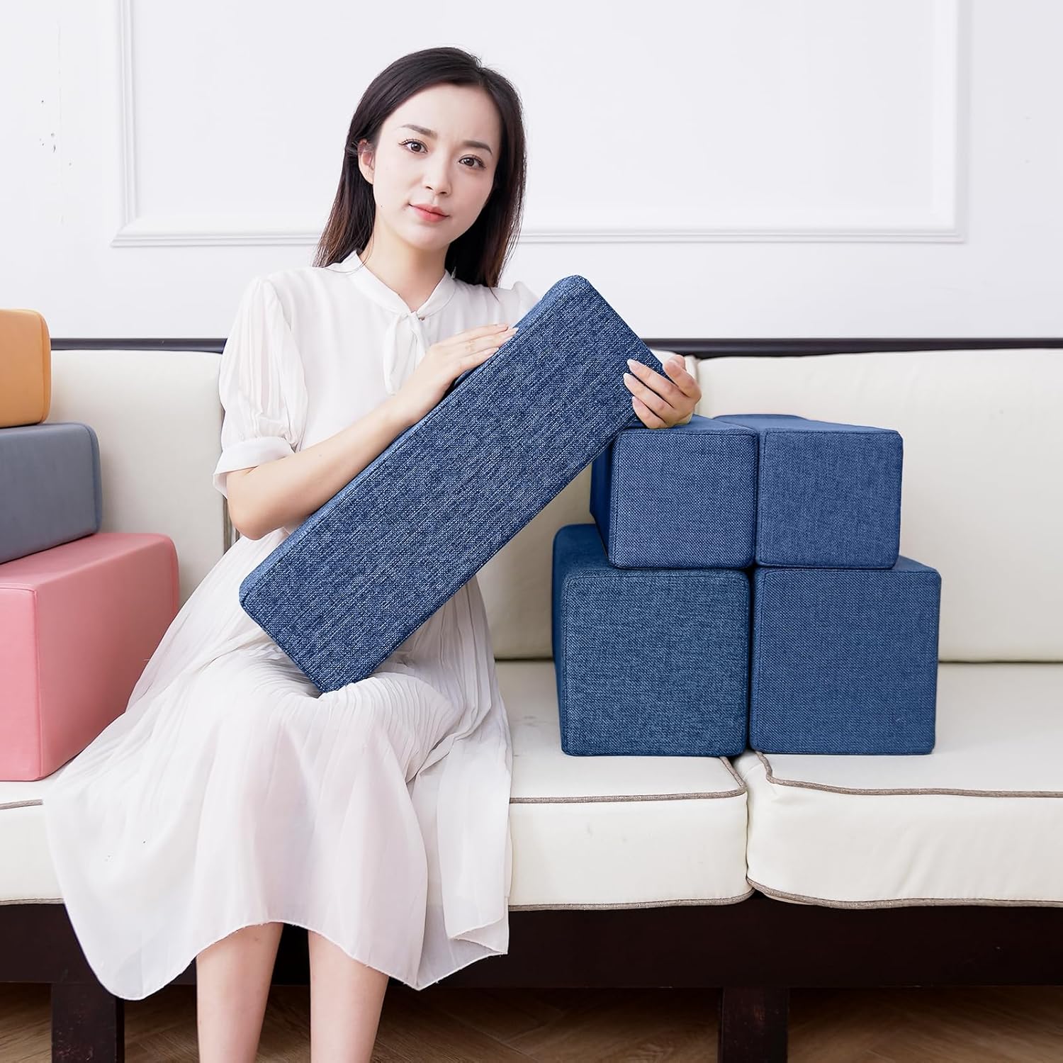 2 Pack Couch Arm Rest Pillow, 6''x6''x20'' Linen Cover, High Density Foam Armrest Cushion, Removable & Washable Elbow Support for Sofa, Bed, and Armchair (Indigo Blue)