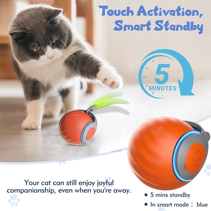 Interactive Cat Toys for Indoor Cats, Automatic Speedy Moving Cat Toy Turbo Ball with Tail 3.0 for Bored Indoor Adult Cats, Rechargeable Chase Motion Activated Kitten Toys - Orange