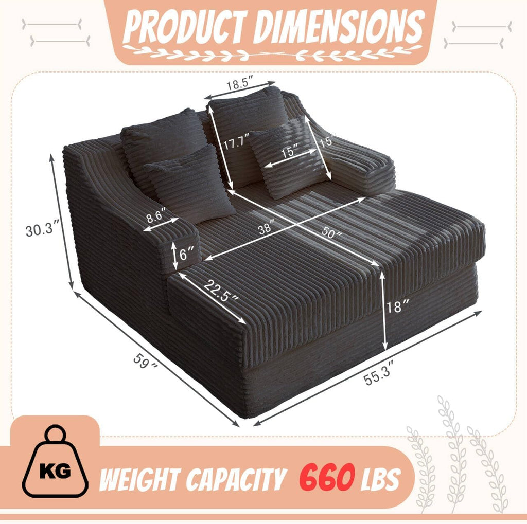 55 Inch Chaise Lounge Indoor - Oversized Chaise Lounge with 4 Throw Pillows and Armrets, Upholstered Plush Sofa Bed, Corduroy Lazy Chair Bed, Sleeper Chair for Living Room or Bedroom, Gray