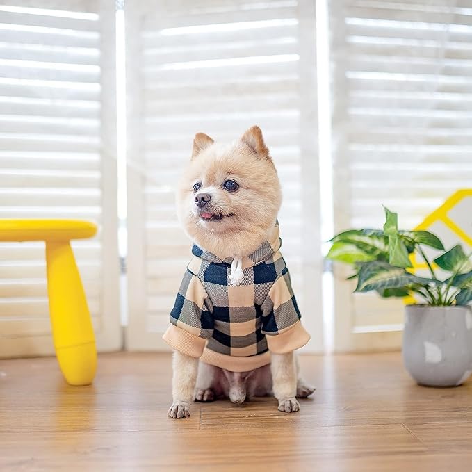 KOOLTAIL Plaid Dog Hoodie Pet Clothes Sweater with Hat and Pocket for Small Medium Large Size Dogs, Soft Winter Warm Dog Cold Weather Coat, Fleece Fall Dog Hooded Sweatshirt for Puppy Cats, Beige XXL