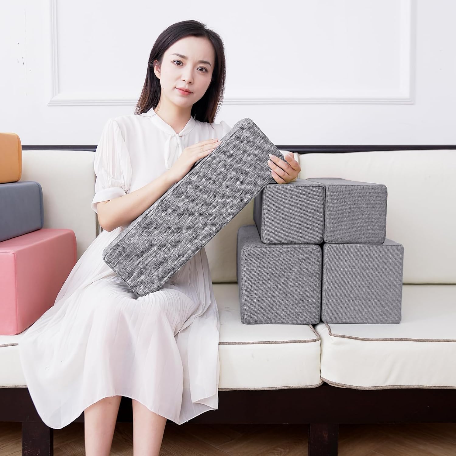 2 Pack Couch Arm Rest Pillow, 6''x6''x20'' Linen Cover, High Density Foam Armrest Cushion, Removable & Washable Elbow Support for Sofa, Bed, and Armchair (Grey)