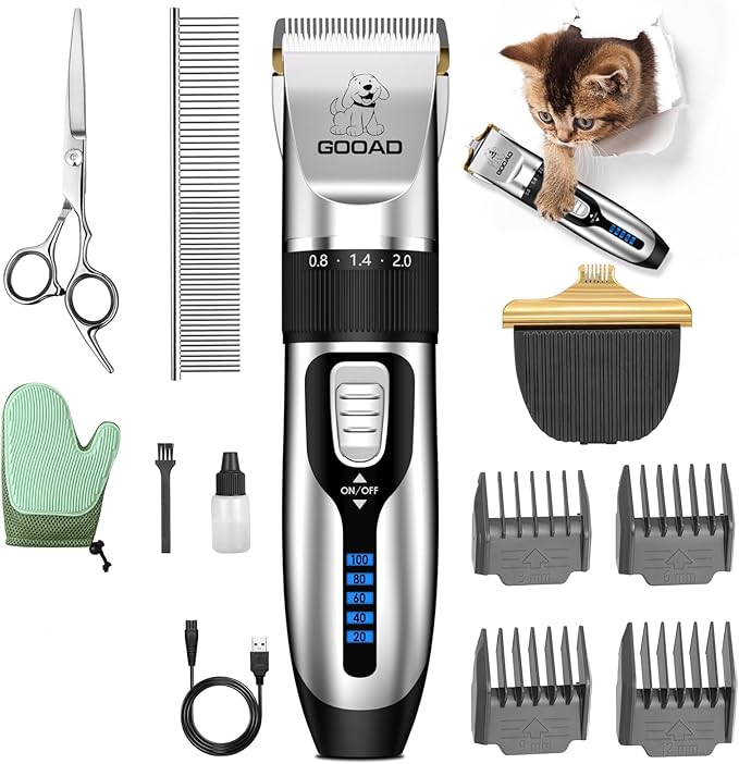 Goood Cat Clippers for Matted Hair - Cordless Cat Shaver, Low Noise Paw Trimmer, Quiet Pet Hair Clippers (Silver)