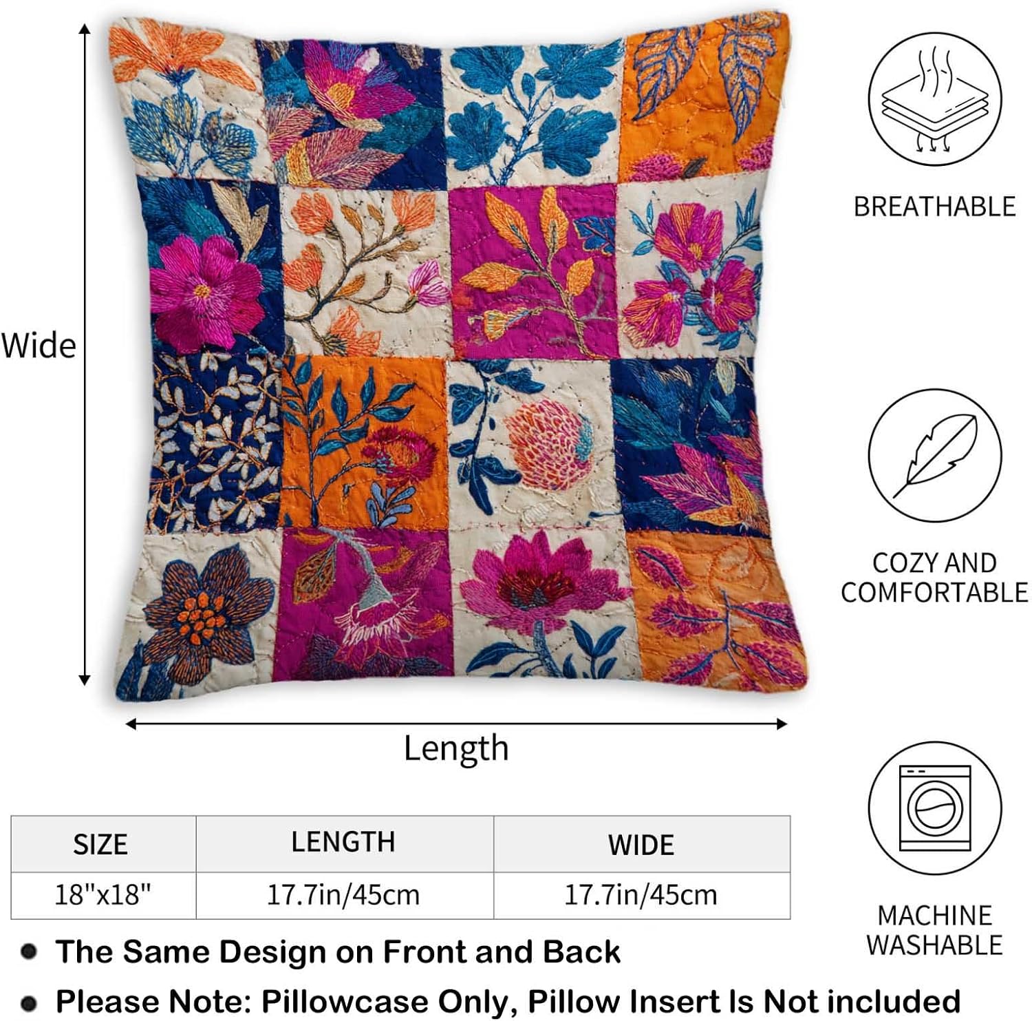 Throw Pillow Covers 18x18 Set of 2, Vintage Patchwork Cushion Covers, Decorative Square Pillowcases for Couch, Bedroom, Living Room