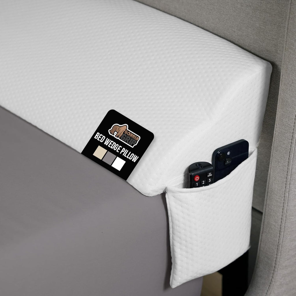 GORILLA GRIP Patent Pending King Bed Wedge Pillow Headboard Gap Filler, US Designed, Comfortable Supportive High Density Foam Pillows, Stay in Place Gripping Dots, Wedges Between Mattress, White