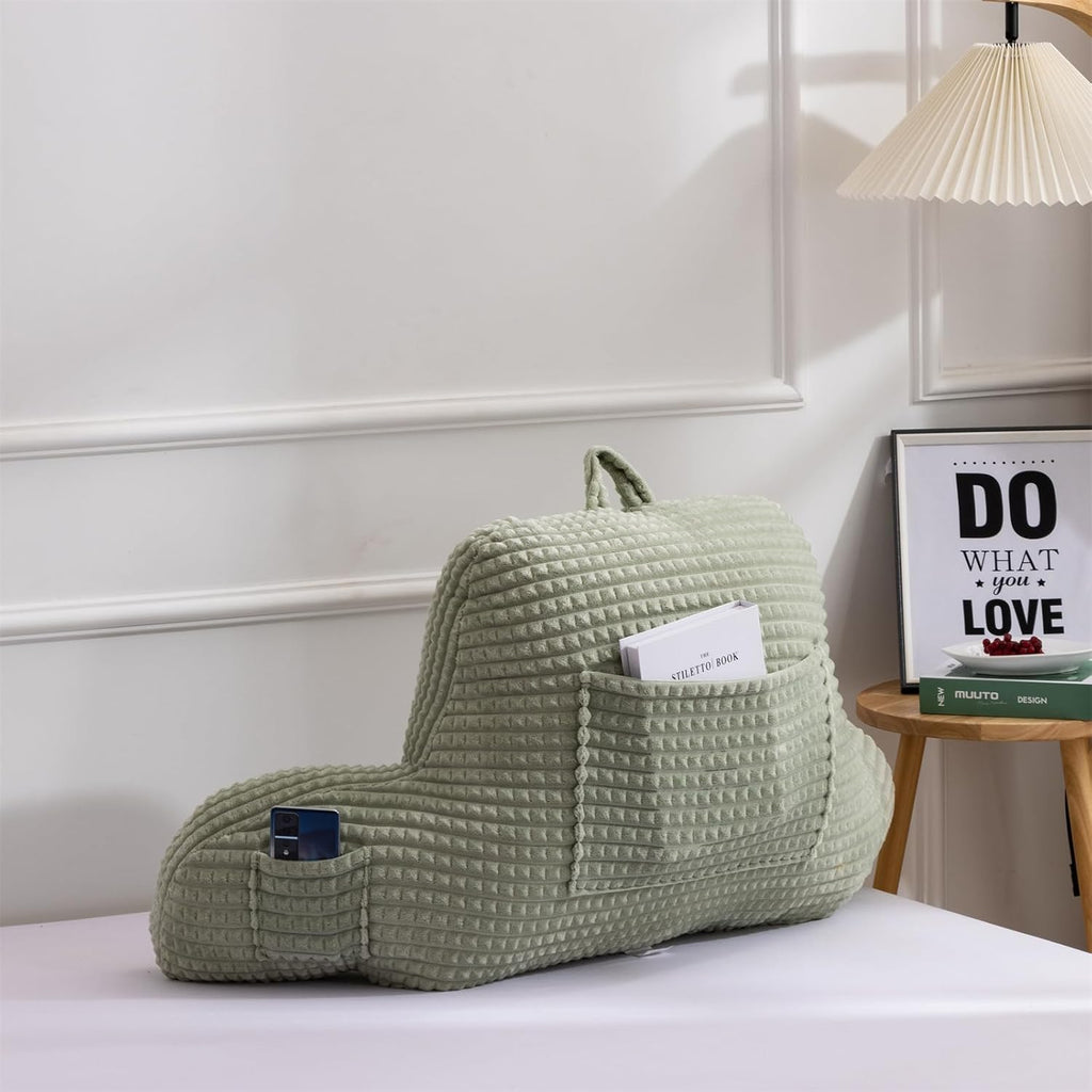 Holawakaka Reading Pillow for Bed and Sofa Couch Sitting Up, Backrest Pillows with Arms for Kids Teens Adults, Back Support Cushion for Lounging, Watching TV, Working on Laptop, Green