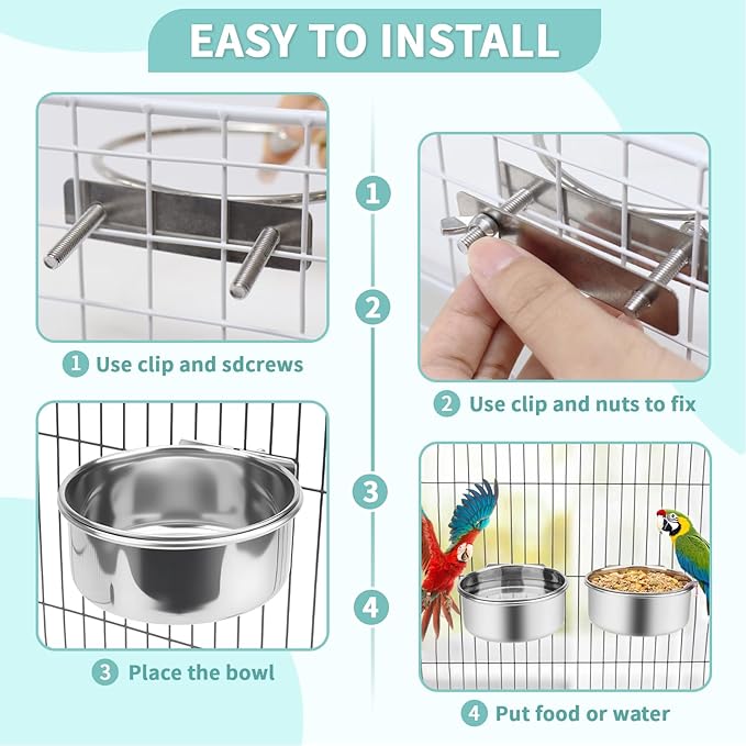 2 Pcs Bird Feeding Dish Cups with 3 Pcs Food Holder for Cage, Parrot Food Water Bowls and Fruit Vegetable Skewer Foraging Toy, Stainless Steel Bird Feeders for Small Animals -Silvery,5 Pcs