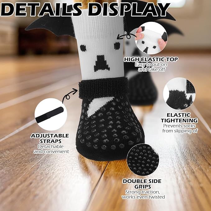 EXPAWLORER Halloween Anti Slip Dog Socks to Prevent Licking Paws, Boots & Paw Protectors with Grippers,Doggie Booties for Hardwood Floors for Small Medium Large Senior Dogs Costume White Ghost Wings S