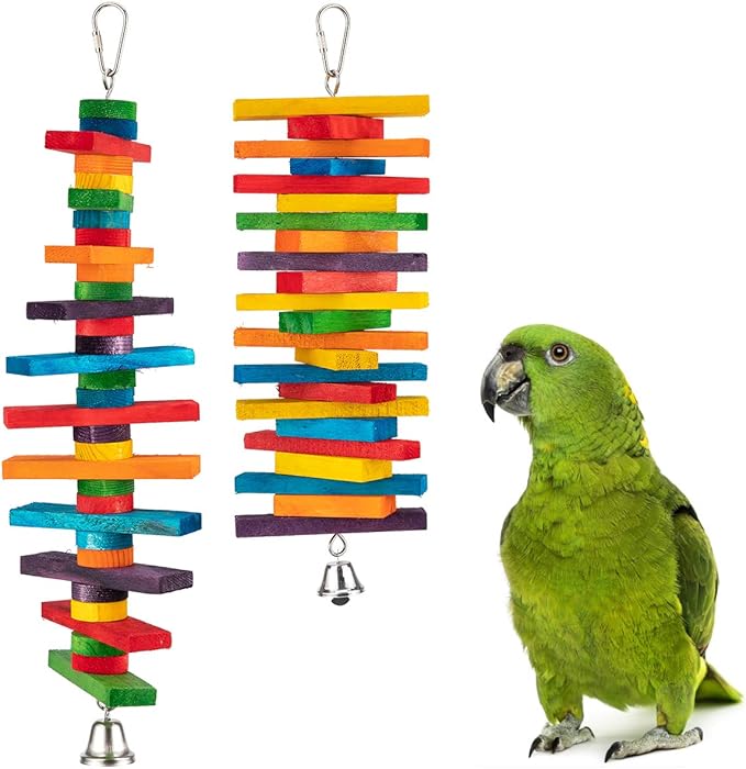 MEWTOGO 2 Pcs Bird Toys - Parrot Toys with Multicolored Natural Wooden Blocks, Chewing Sticks for Conures, Parakeets, Cockatiels, Lovebirds, African Grey, Macaws, Amazon Parrots - Bird Gift
