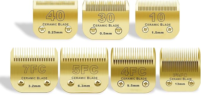 7 Pack Detachable Pet Dog Grooming Clipper Ceramic Blades Set,Compatible with Andis,Oster A5,Wahl KM10 Series Clippers,Gold (10+30+40+7FC+5FC+4FC+3FC)