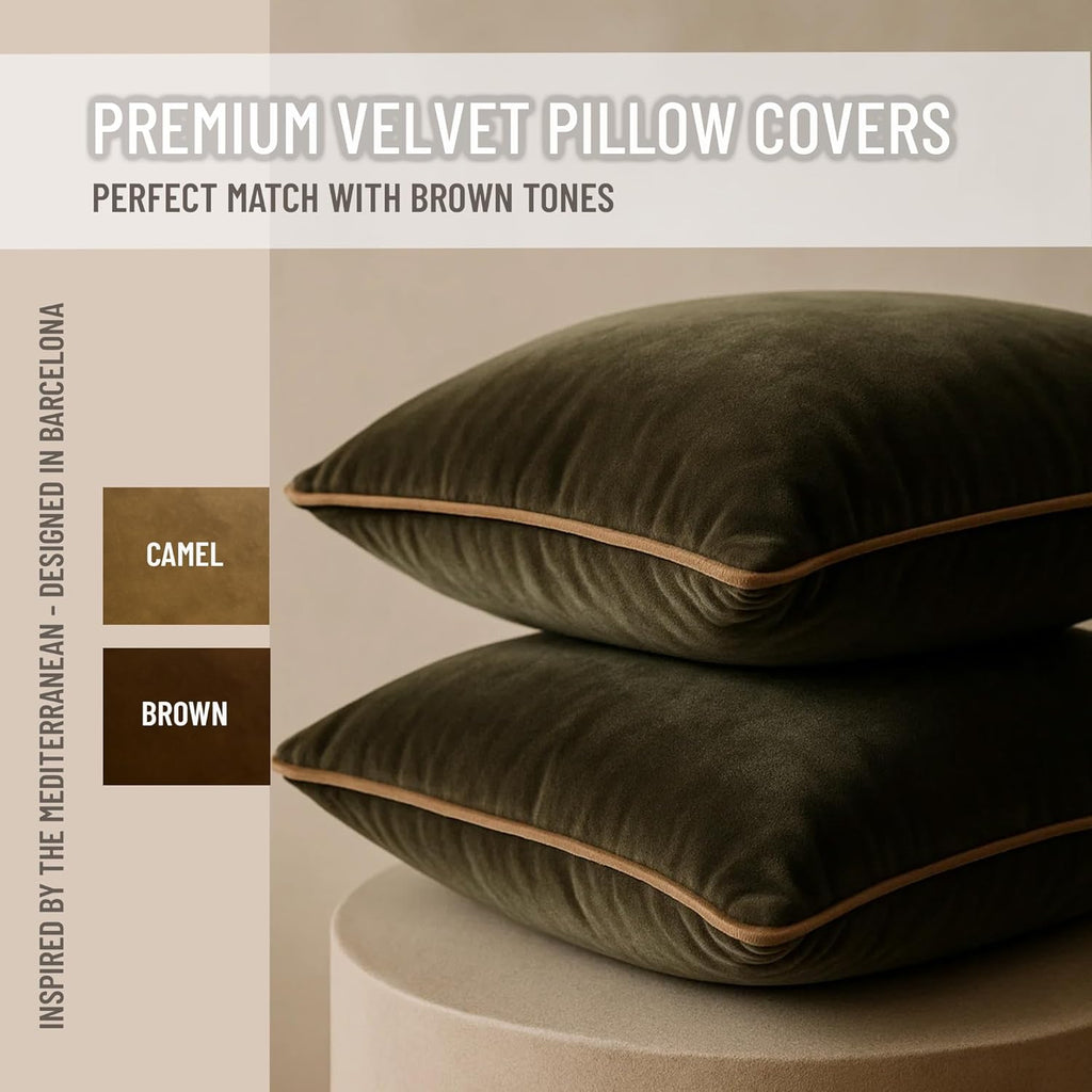 2 Pack Velvet Decorative Throw Pillow Covers, 18"x18", Green and Camel, Solid, Modern, Contrast Piping, Indoor Use, Bedroom & Living Room