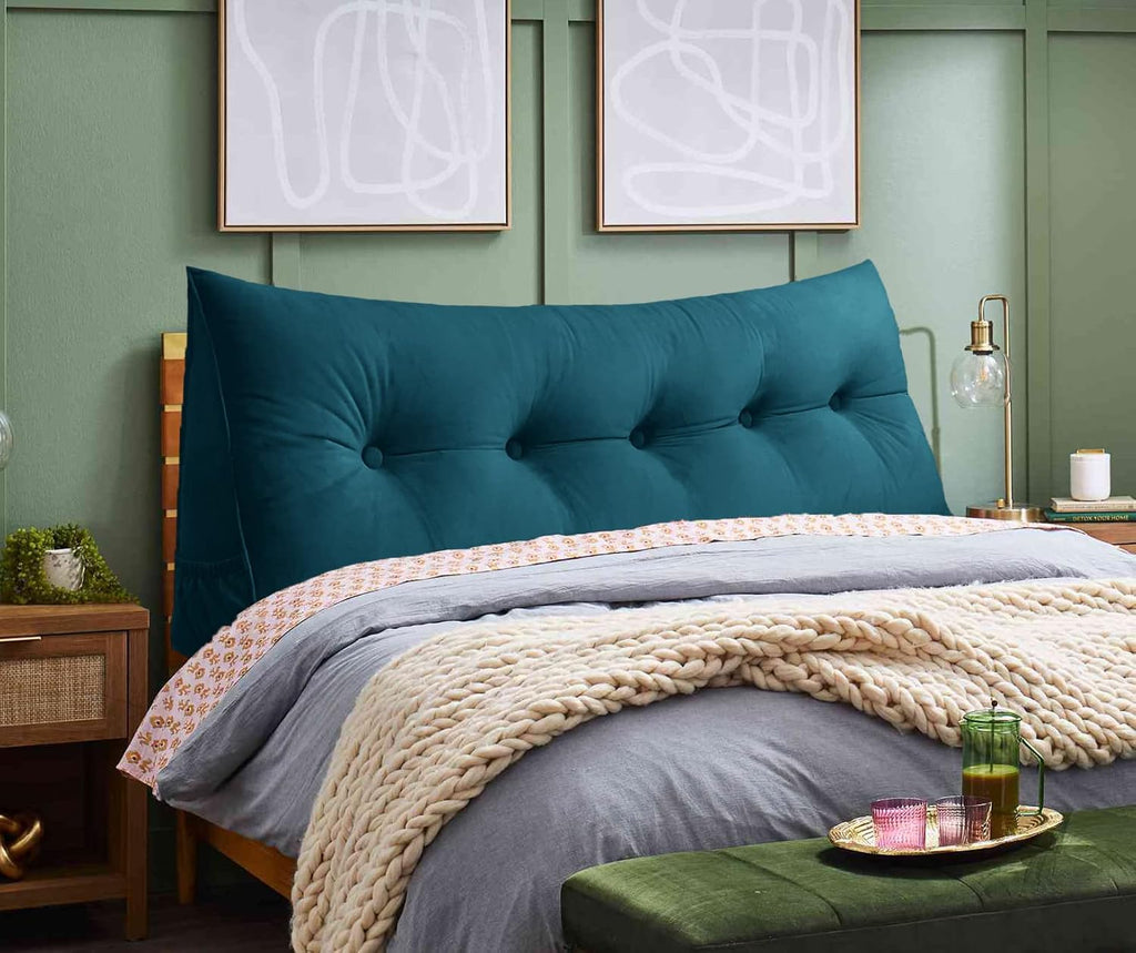 Triangular Reading Bed Rest Pillow Large Bolster Cushion Headboard Backrest Wedge Pillow with Removable Cover and Two Large Side Pockets (Teal, Queen: 59 x 8 x 20 inches)