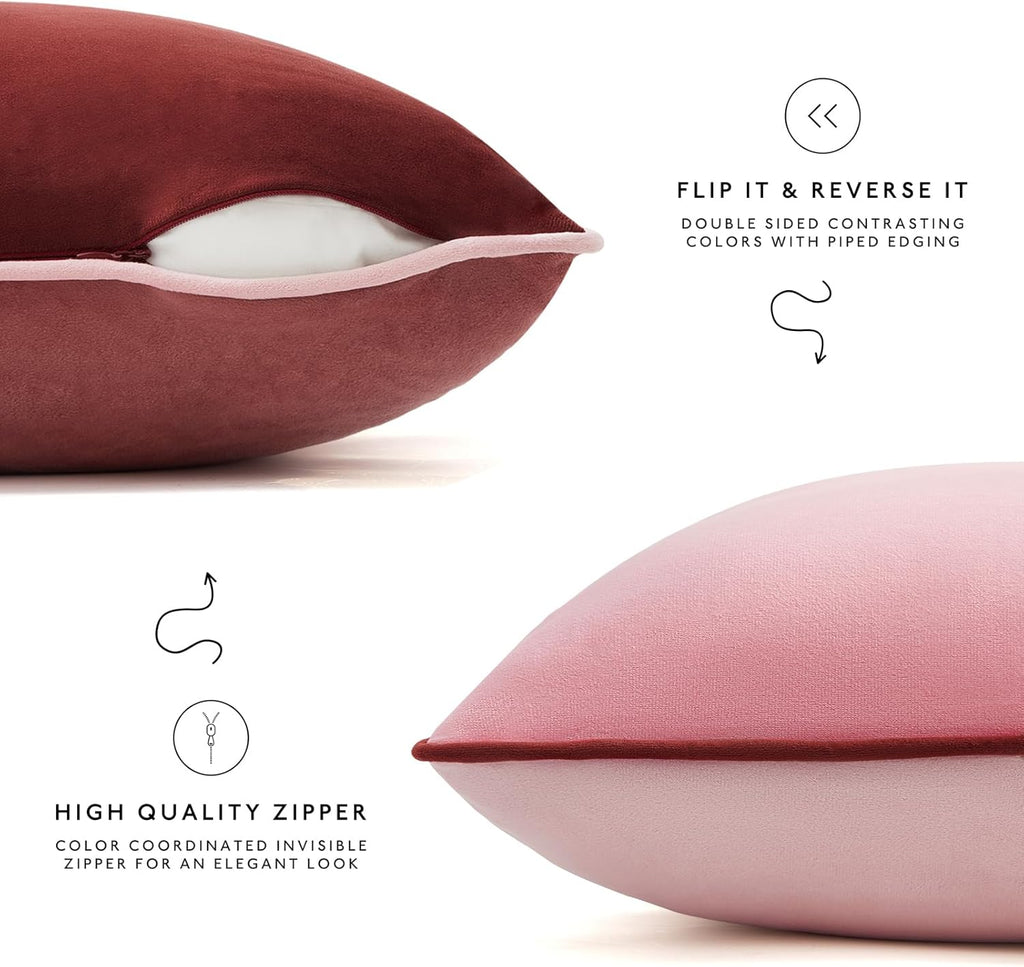 MONDAY MOOSE Decorative Throw Pillow Covers Cushion Cases, Set of 4 Soft Velvet Modern Double-Sided Designs, Mix and Match, Pillow Inserts Not Included (16x16 inch, Pink/Dark Pink)