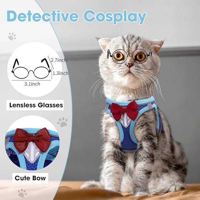 Cat Vest Harness and Leash Set for Walking, Escape Proof, Adjustable Kitten Harness Breathable Mesh with Reflective Strips, Detective Conan-Inspired Design with Glasses and Bow, Blue, L