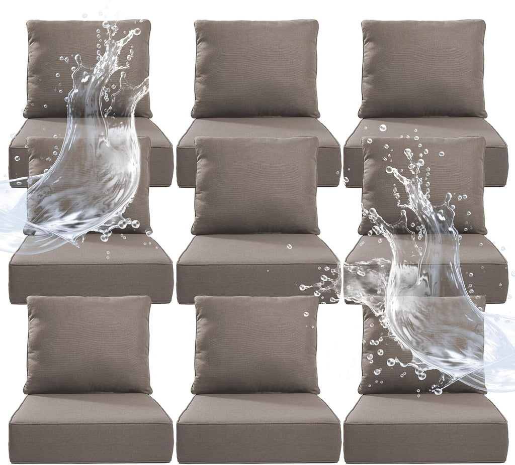 6" Thicker Outdoor Chair Cushion 9 Sets - 24" *24" *6" Waterproof Patio Furniture Cushions with Removable Cover, 28D High Density Sponge Filling Thicken Outdoor Patio Cushions - Grey