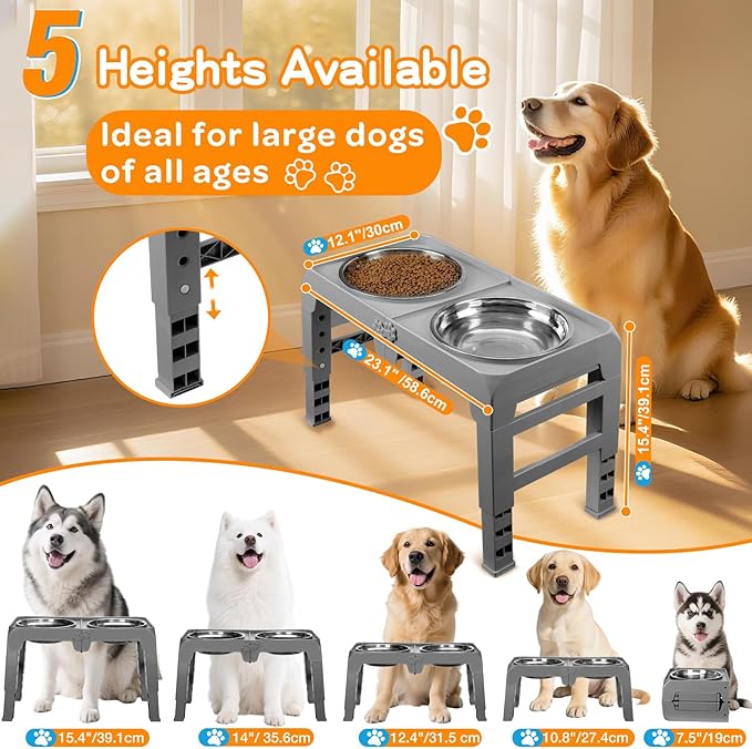 Elevated Dog Bowl Stand for Large Dogs - 2 Extra Large 10” Stainless Steel Bowls, 5 Adjustable Heights(7.5"-15.4"), Foldable Non-Slip & Durable, Portable Heavy Duty Travel Dog Feeder, Grey