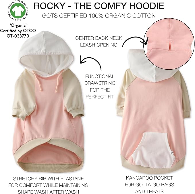 Rocky – The Orginal Lightweight Hooded TEE 100% Organic Cotton Dog Hoodie Pet Coat Sweater for Small, Medium, Large Dogs, Pink Color Block, X-Large (55-80 lbs)