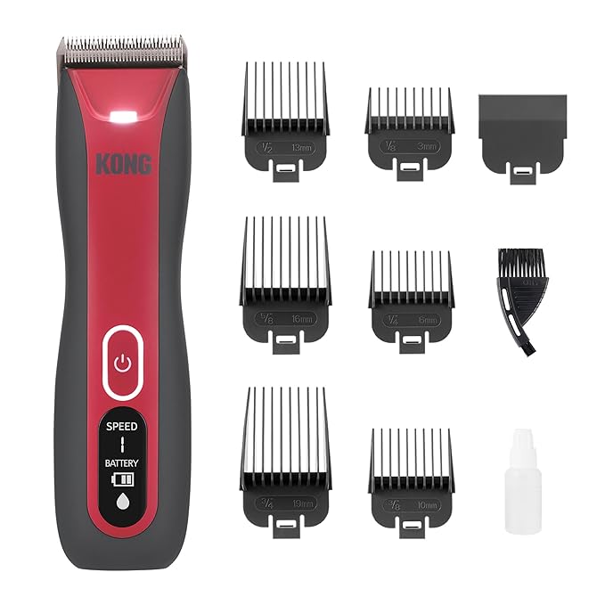 KONG 3-Speed Cordless-Corded Dog Clipper Kit – Stainless Steel Blade, Waterproof, LED Spotlight, Use-While-Charging, 6 Guide Combs, Ergonomic Handle – Red/Gray, All Coat Types