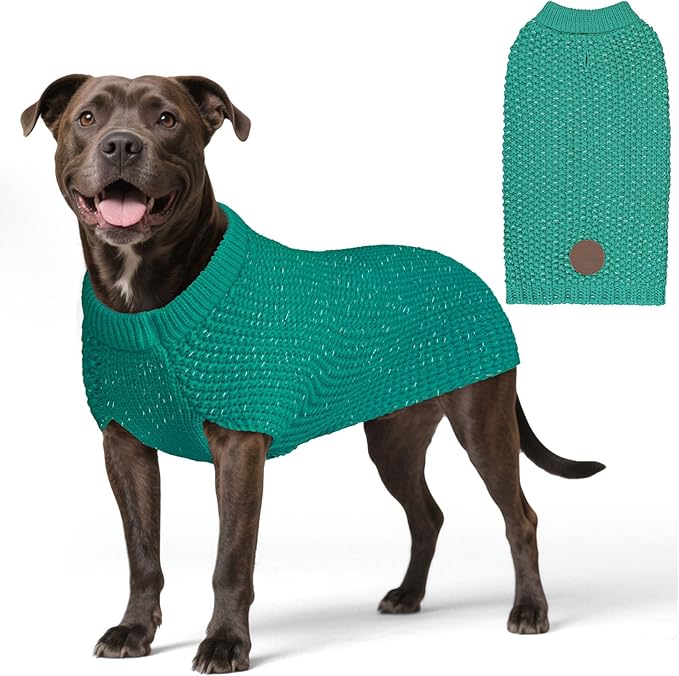 KYEESE Dog Christmas Sweater with Leash Hole Comfy Pullover Sweater Medium Size Male with Reflective Yarn Warm Pet Coats Stretchy Cozy Lightweight Thick Knitwear Dog Clothes,Green, X-Large