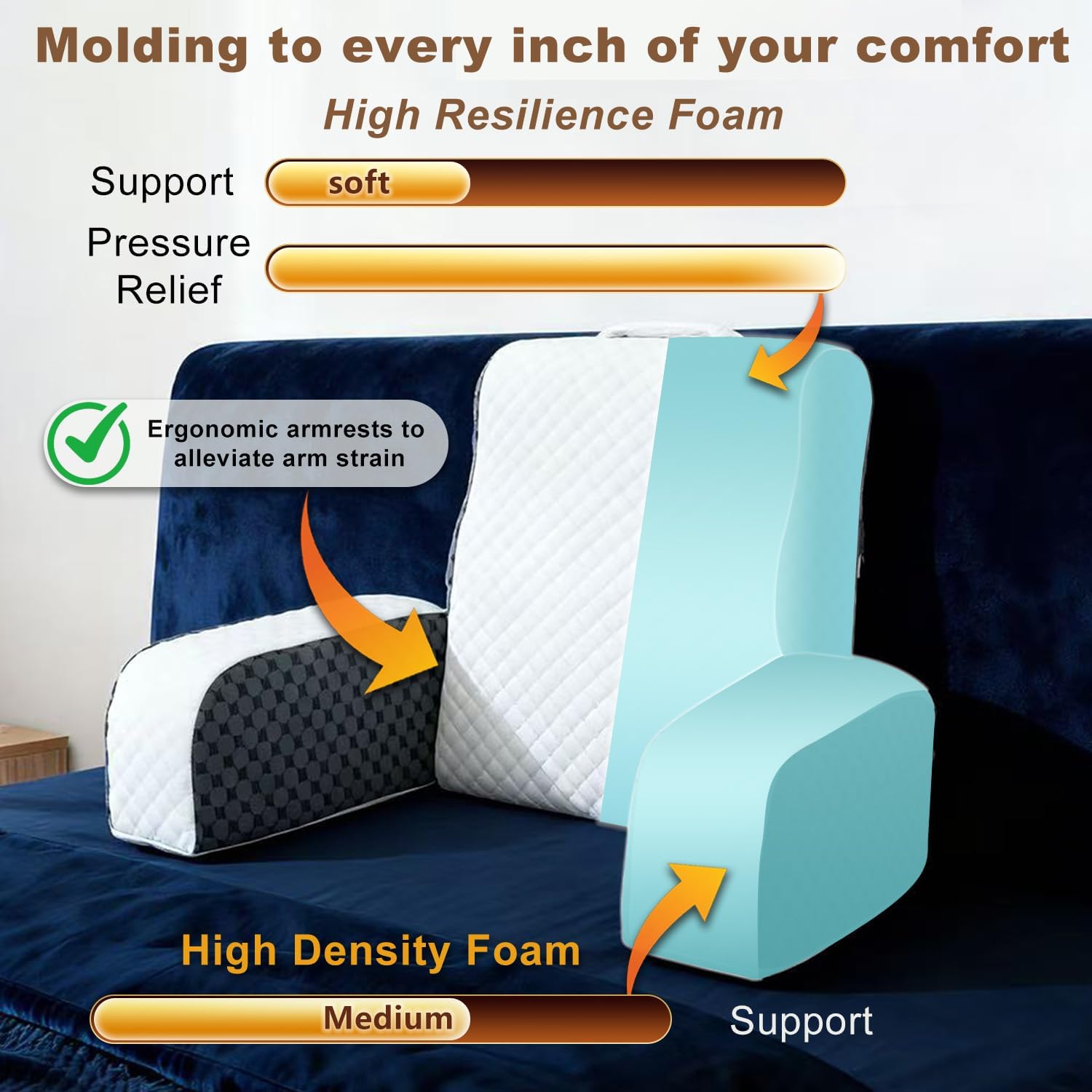 Bed Reading Pillow Back Support with Arms, Removable Pillowcase for Book Working Gaming Resting Watching TV, Gray/20in