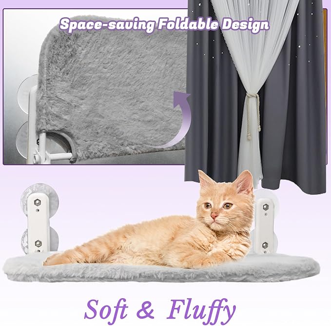 2 PCS Cat Window Perch (Medium 20.4''×11.8'') - Machine Washable Cover, 4 Large Suction Cups, Solid Metal Frame - Cordless Foldable Hammock for Indoor Cats (2×Grey)