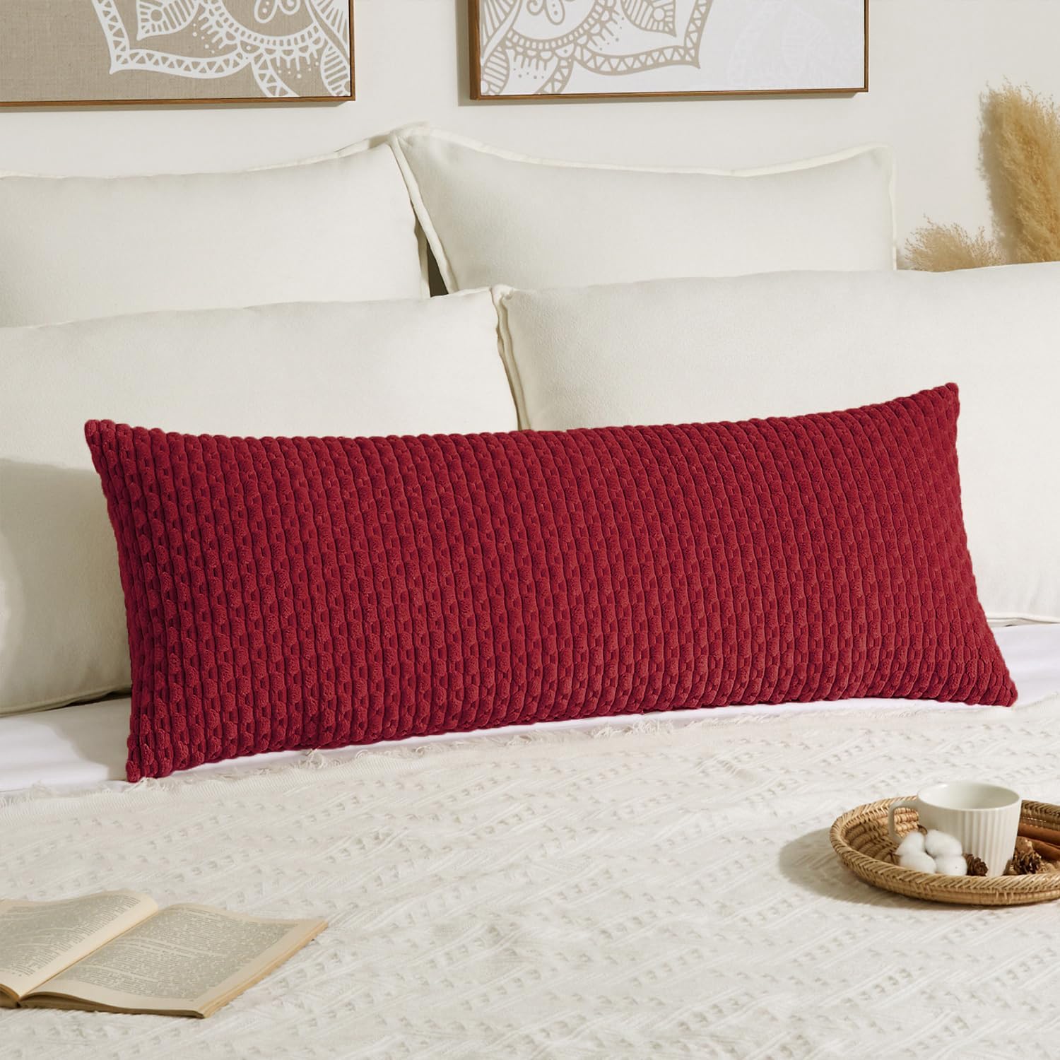 Kevin Textile 14x36 Inch Long Lumbar 1 Pack Boho Decorative Throw Pillow Cover Soft Striped Corduroy Rectangle Cushion Case Farmhouse Solid Color Accent for Living Room Couch Sofa Bed, Burgundy