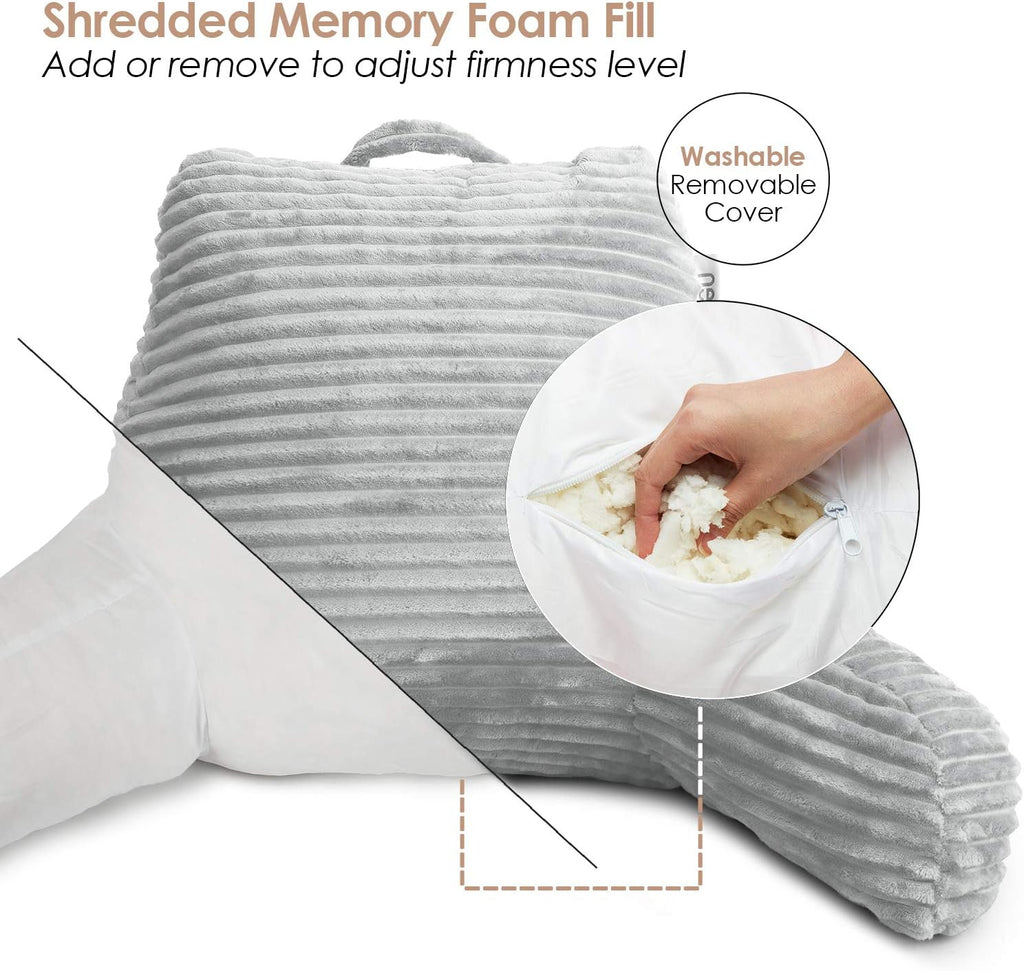 Hearth & Harbor Reading Pillow for Bed Adult – Back Pillow for Sitting in Bed, Standard Bed Pillows for Sitting Up in Bed, Foam Bed Chair Pillow, Light Grey Bed Rest Pillow