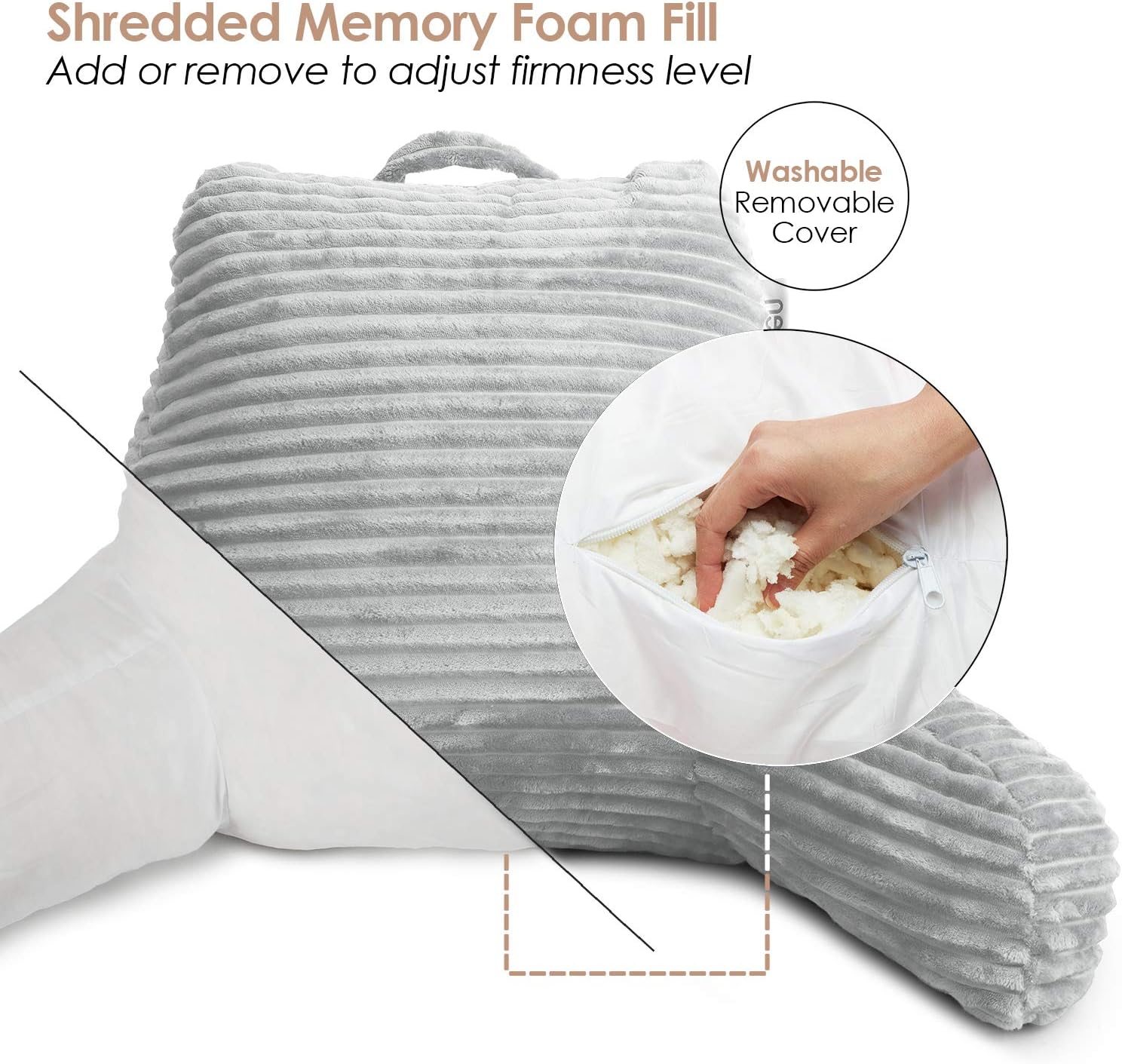 Hearth & Harbor Reading Pillow for Bed Adult – Back Pillow for Sitting in Bed, Standard Bed Pillows for Sitting Up in Bed, Foam Bed Chair Pillow, Light Grey Bed Rest Pillow