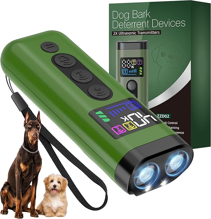 Dog Bark Deterrent Device, 65 FT Range,3X Ultrasonic Bark Deterrent Device & Ultrasonic Dog Trainer - Anti-Barking Device with Color Display, Safe & Effective Alternative to Bark Collars - Green