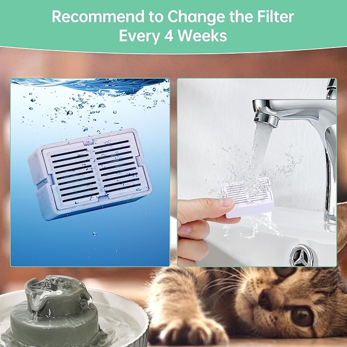8 Packs Cat Water Fountain Filter for 2.1L/71oz Ceramic Cat Water Dispenser, 8 Carbon Filters & 2 Foam Filters for Porcelain Pet Water Fountain, Multi-Filtration System Activated Carbon Filter