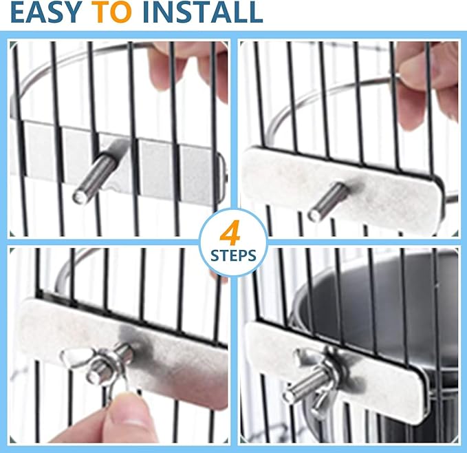 2Pcs Stainless Steel Bird Feeding Bowls, Small Bird Feeding Cup, Stainless Steel Parrot Food Bowl Cage with Holder, Parrot Cage Water Feeder, Pet Cage Cup Holder (Dia 3.93", 5.51",)