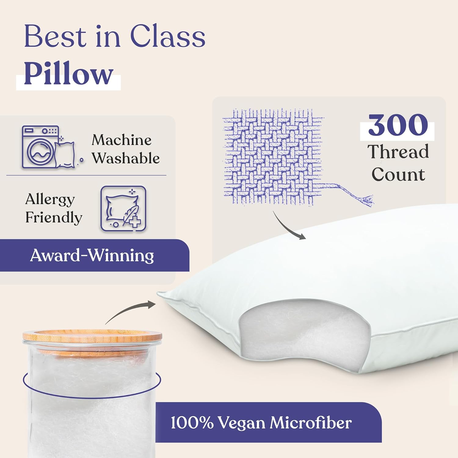 FluffCo Zen Fluff Pillows - Down Alternative - Standard/Queen Bed Pillow for Sleeping Made in USA - Luxury Hotel-Quality Pillow - Gift for Home - 100% Cotton, 300 Thread Count (Queen Size 1 Pack)