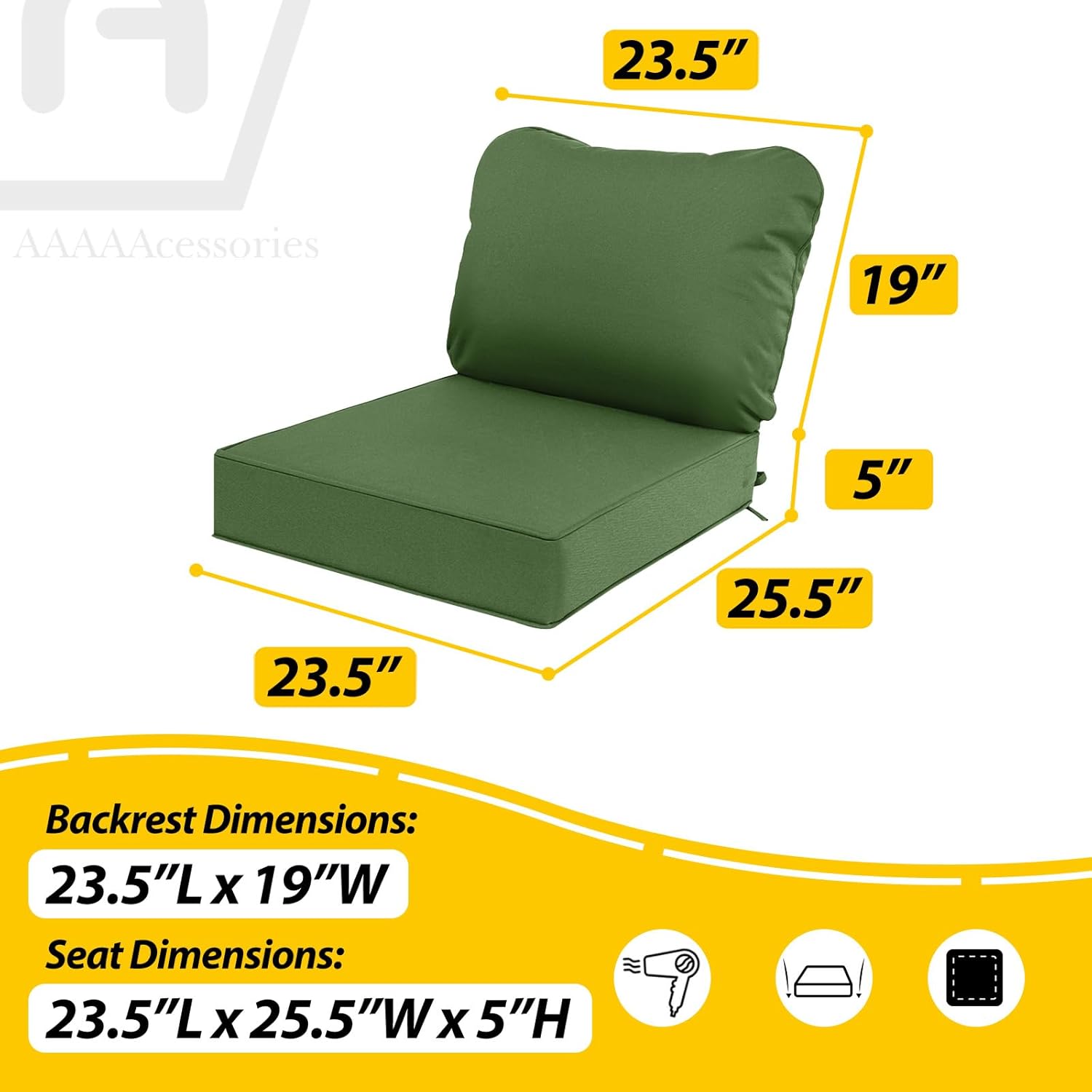 AAAAAcessories Outdoor Deep Seat Cushions, Waterproof, Fade-Resistant Patio Furniture Replacement Cushions, 23.5" x 25.5" x 5" + 23.5" x 19", Dark Moss Green