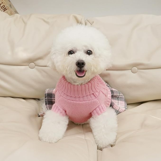 WOYYHO Girl Dog Sweater Dress with Bowtie Turtleneck Small Dogs Sweater with Leash Hole, Knitted Small Dog Sweaters Dress Puppy Winter Clothes for Yorkies Chihuahua (Medium, Pink)