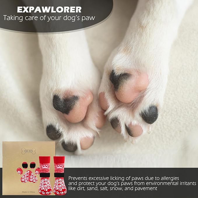 EXPAWLORER Anti Slip Dog Socks to Prevent Licking Paws, Dog Shoes for Hot Pavement, Dog Booties for Small Medium Large Senior Dogs, Traction Control Dog Boots & Paw Protectors for Hardwood Floors-Red