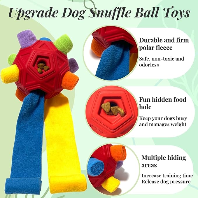 Snuffle Ball for Dog Toys Unbreakable Upgrade Ball Interactive Toy Foraging Snuffle Mat Puppy Treat Dispenser Slow Feeder Dog Puzzle Toys for Small, Medium, Large Pets (Red Rainbow)