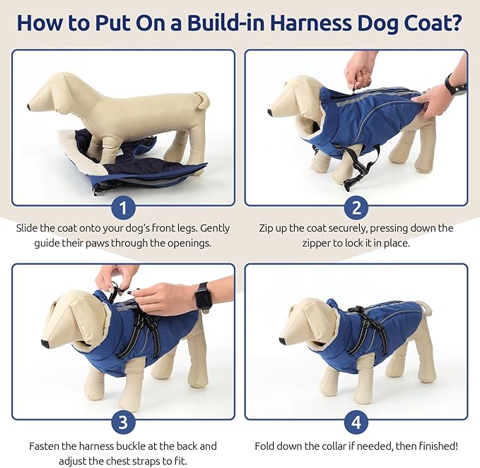 Dog Winter Coat with Harness Built in Warm Puffer Dog Jackets for Small Medium Large Dogs Windproof Waterproof Outfit with Plush Lining and Reflective Stripes (Blue, XL)