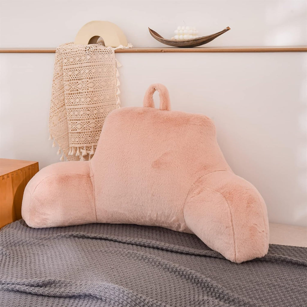 Aimuan Reading Pillow Bed Rest Pillow with Arms Rabbit Fur Back Pillow for Sitting up in Bed Adults Teens Incline Rest Sleeping Snoring with Pregnancy Lumbar Waist Support (Standard, Blush)